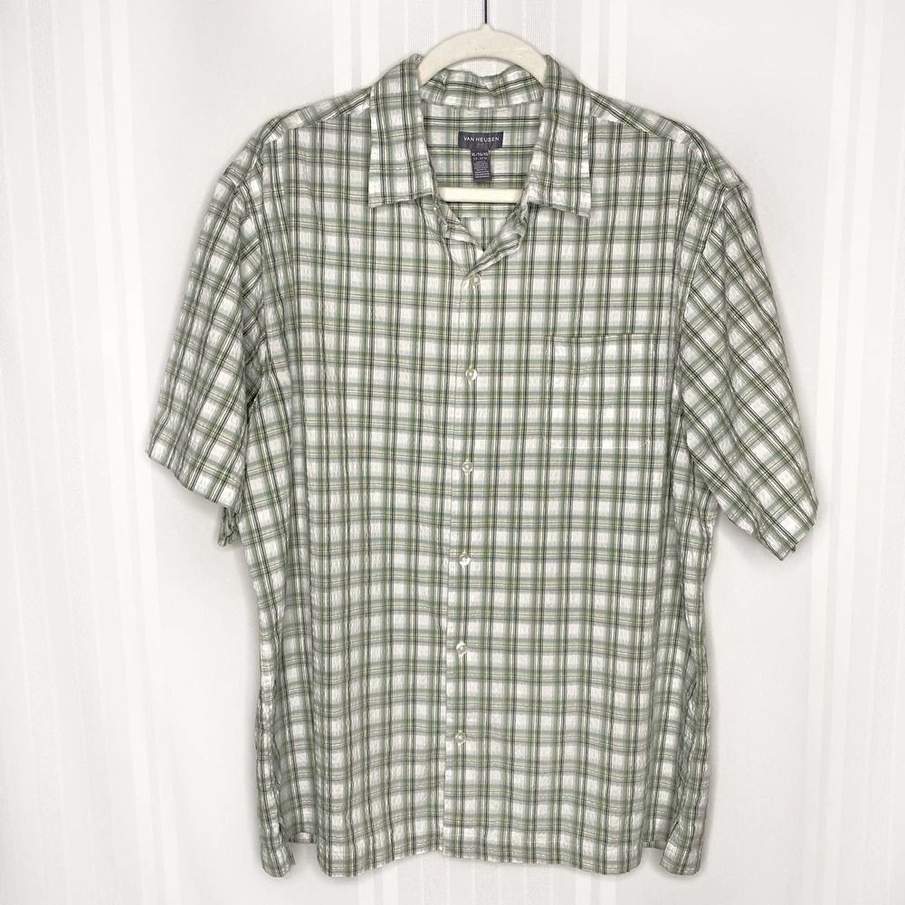 Van Heusen AIR Short Sleeve Plaid Crinkle Button Down Shirt XL Green White Men's